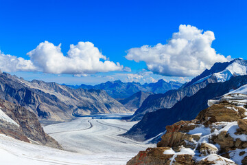 View of Great Aletsch Glacier, the largest glacier in the Alps and UNESCO heritage, in Canton of...