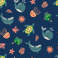 Seamless pattern with sea animals. Whale, dolphin, turtle, jellyfish, lantern fish.