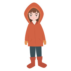 cute hand drawn cartoon character little girl with red coat vector illustration isolated on white background