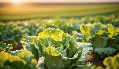 AI generated illustration of a lush green field of lettuce crops illuminated by the sun