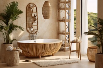 stylish Interior Of Light Bathing Room With Rustic Decorations In Boho Style, Cozy Spacious Bathroom With Natural Green Plants