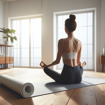 Unrolled white yoga mat on wooden floor on meditating and Woman practicing yoga Back side view in modern fitness center or at home with big windows and white walls, comfortable space for doing sport e