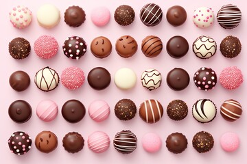 a group of chocolates on a pink a group of chocolates on a pink backgroundbackground - obrazy, fototapety, plakaty
