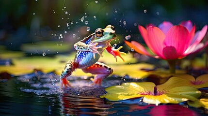 A frog leaping mid-air across vibrant lily pads in a sunlit pond