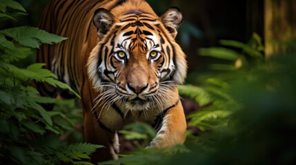 A magnificent Bengal tiger prowling through a dense jungle