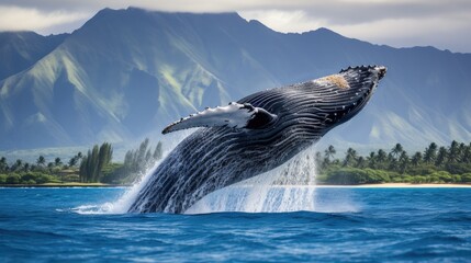 A magnificent humpback whale breaching the surface of a deep blue ocean
