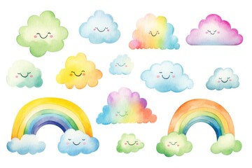 watercolor rainbow with clouds and stars on white background