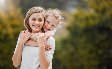 Nature, hugging and portrait of child with mother in an outdoor garden bonding together. Happy, smile and girl kid embracing her young mom from Canada with love and care in the park or field.
