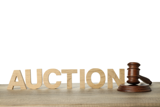 PNG, Word Auction and wooden gavel on table, isolated on white background