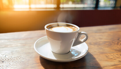 hot coffee cup in coffee shop with sunlight on wooden table