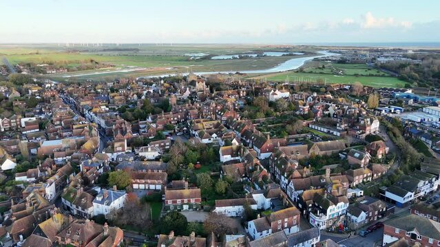 Rye town centre Sussex UK panning  drone aerial view