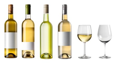 Set of white wine bottle with blank label and wine glass filled and empty on transparent background cutout, PNG file. Mockup template for artwork graphic design

