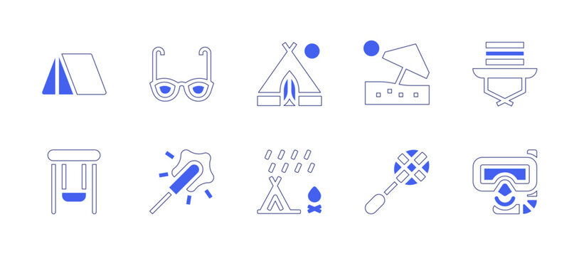 Holiday icon set. Duotone style line stroke and bold. Vector illustration. Containing tent, beach umbrella, swings, racket, sun glasses, sun hat, sparkler, snorkel.