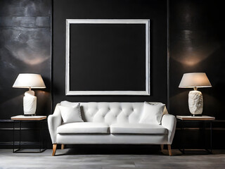 Generative KI weißer bilderrahmen darunter weiße couch im hintergrund schwarze wand