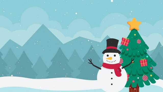 Animated of Snowman and Christmas tree  Snowfall Landscape with Copyspace Area.Great for Winter and Christmas Promotion.
