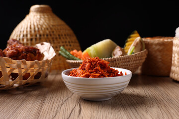 pork shrimp chilli dip local thai food sauce isolated in wood background
