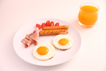breakfast egg fried ham and sausage breakfast in studio shooting