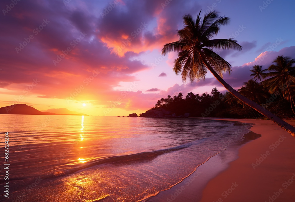 Wall mural Beautiful sunset over the sea with a view at coconut tree on the white beach