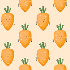 Vector Seamless Pattern with Cute Cartoon Funny Carrots. Children Healthy Nutrition Concept. Baby Vegetable Characters