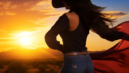 Golden Frontier: The Cowgirl's Sunset Silhouette. Attractive female wearing cowgirl's attire.