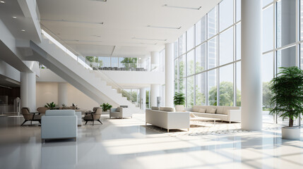 Interior of modern office in white wall building lob - obrazy, fototapety, plakaty