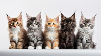 Row / group of six multi colored Maine Coon cat kittens all looking straight at lens, isolated on white background