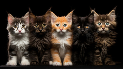 Row / group of six multi colored Maine Coon cat kittens all looking straight at lens, isolated on white background