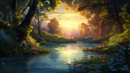 Lush forest landscape with tranquil river reflecting the setting sun. Natural beauty and serenity.