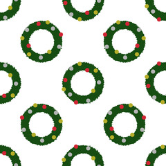 seamless repeating pattern of cartoon green Christmas wreaths with red, gold and silver ornaments on a transparent background wallpaper