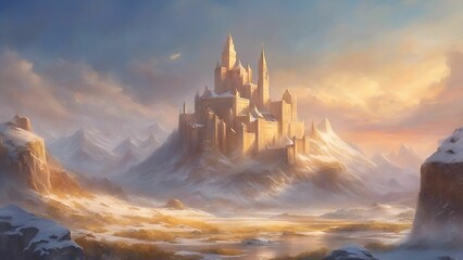 AI generated illustration of a majestic ice castle situated at the peak of snow-capped mountains - obrazy, fototapety, plakaty