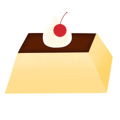 Square Pudding With Topping Cherry And Whipped Cream Cartoon illustration