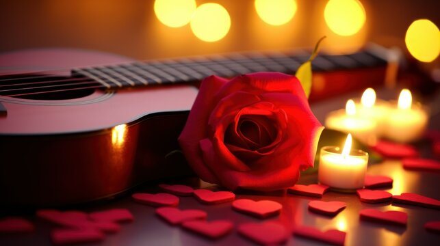 A romantic photo with guitar and flowers