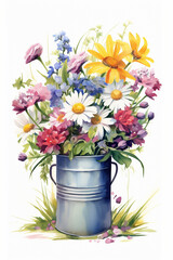 Floral Charm: Watercolor Rendering of Fresh Wildflowers Arranged in Metal Cans