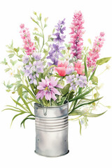 Floral Charm: Watercolor Rendering of Fresh Wildflowers Arranged in Metal Cans