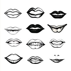 Smiling Lips Sketch, Black and White Fun Smiling Lips Collection, Joy and Happiness Doodle Drawing
