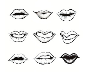 Smiling Lips Sketch, Black and White Fun Smiling Lips Collection, Joy and Happiness Doodle Drawing