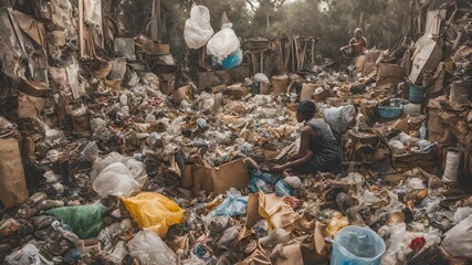 Obraz premium Unidentified man collects garbage in a landfill. AI Image 