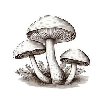 Mushroom Sketch, Engraving Champignons, Hand Drawn Sketched Mushrooms Isolated on white