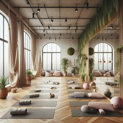 Empty yoga studio interior design, space with mats, hammocks, pillows and accessories, parquet, mirror, vertical garden and big panoramic window, ready for yoga practice, meditation 