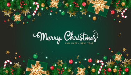 Merry Christmas and happy new year on green background. Christmas letters, Gift boxes, Christmas balls. Christmas element for web, banners, greeting card, template design. Vector EPS10. - obrazy, fototapety, plakaty