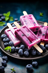 Fototapeta na wymiar Refreshing Treat: Blueberry Yogurt Popsicles Presented with Ice and Fresh Berries