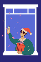 Mery Christmas card with man in the window. Window with man and confetti celebrating Christmas or New Year. Flat vector illustration