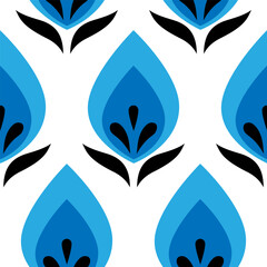 Geometric flower shapes with leaves. Abstract botanical elements in rows vector illustration. Colorful white blue indigo black seamless pattern on white background. - 682729263