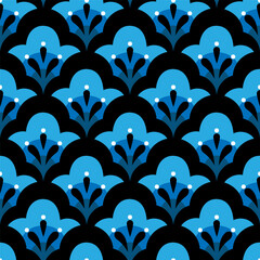 Geometric flower shapes with leaves. Abstract botanical elements in rows vector illustration. Colorful white blue indigo black seamless pattern on dark background. - 682729404