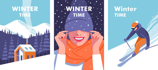 Active winter holidays. Concept of vacation, party and travel. Skier on the piste. Woman hidden eyes by hat and laughs. Winter landscape with house. Vector illustration.