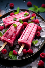 Fruity Treat: Raspberry Yogurt Popsicles Served with Fresh Berries and Ice for a Homemade Delight