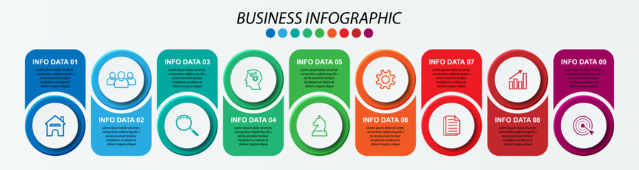 Simple infographic with 9 parts or options, simple design full of colors, interrelated circle and square shapes, icons, text and numbers, for presentations, flow diagrams and your business