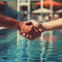Handshake between a lifeguard and a swimmer at a swimming - obrazy, fototapety, plakaty