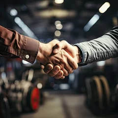 Fotobehang Handshake between a mechanic and a customer in an auto repair shop © The