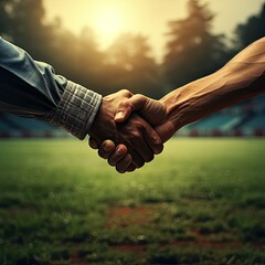 Handshake between two athletes on a football field background
